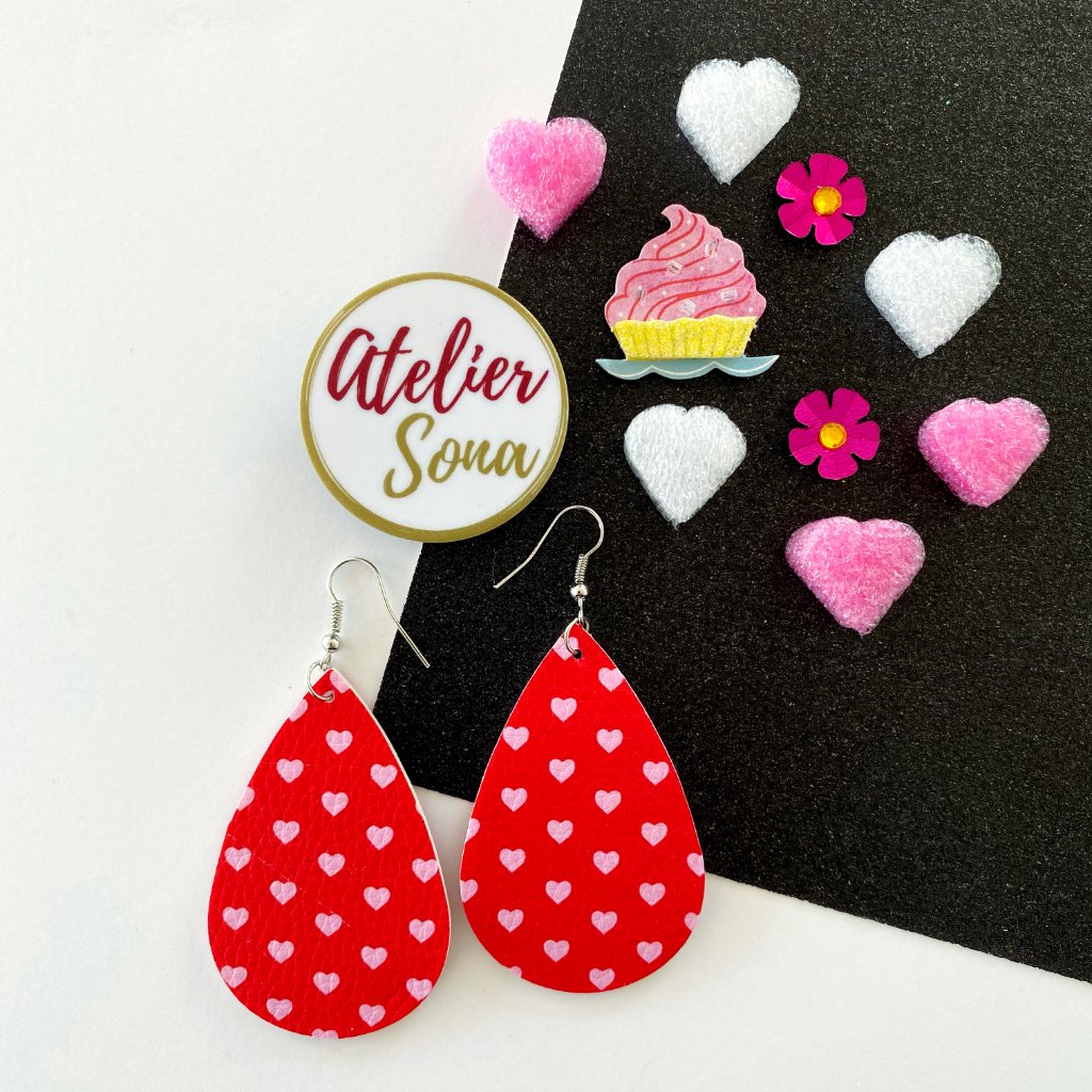 Printed Polka Dot Hearts Tear Drop Earrings